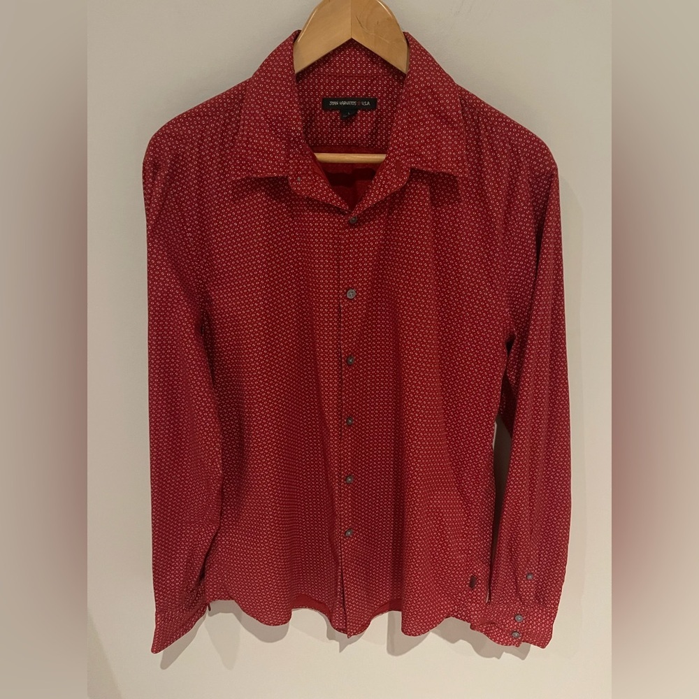 John Varvatos button-up shirt red with small polka dot pattern large